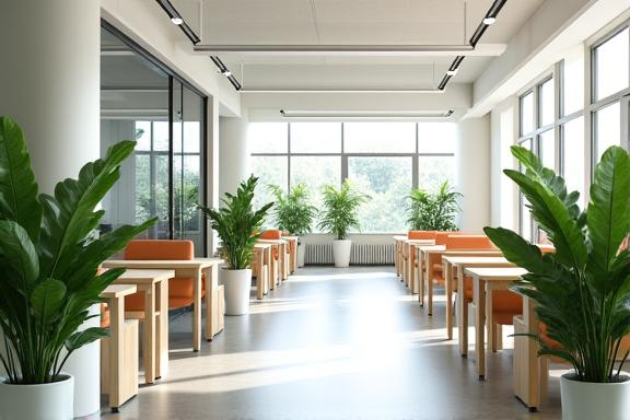 A modern, bright office space with healthy plants, indicating a positive work environment.