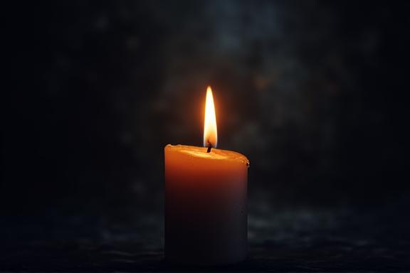 A single candle flame burning in a dark, quiet space, representing remembrance and hope.