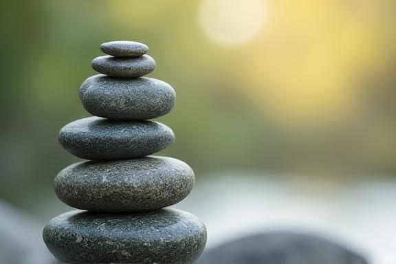 A single, peaceful looking stone balanced on a stack of others.