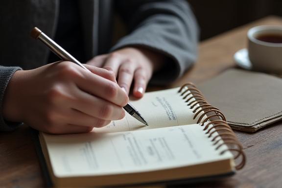 A close-up of a person writing thoughtful notes in a journal.